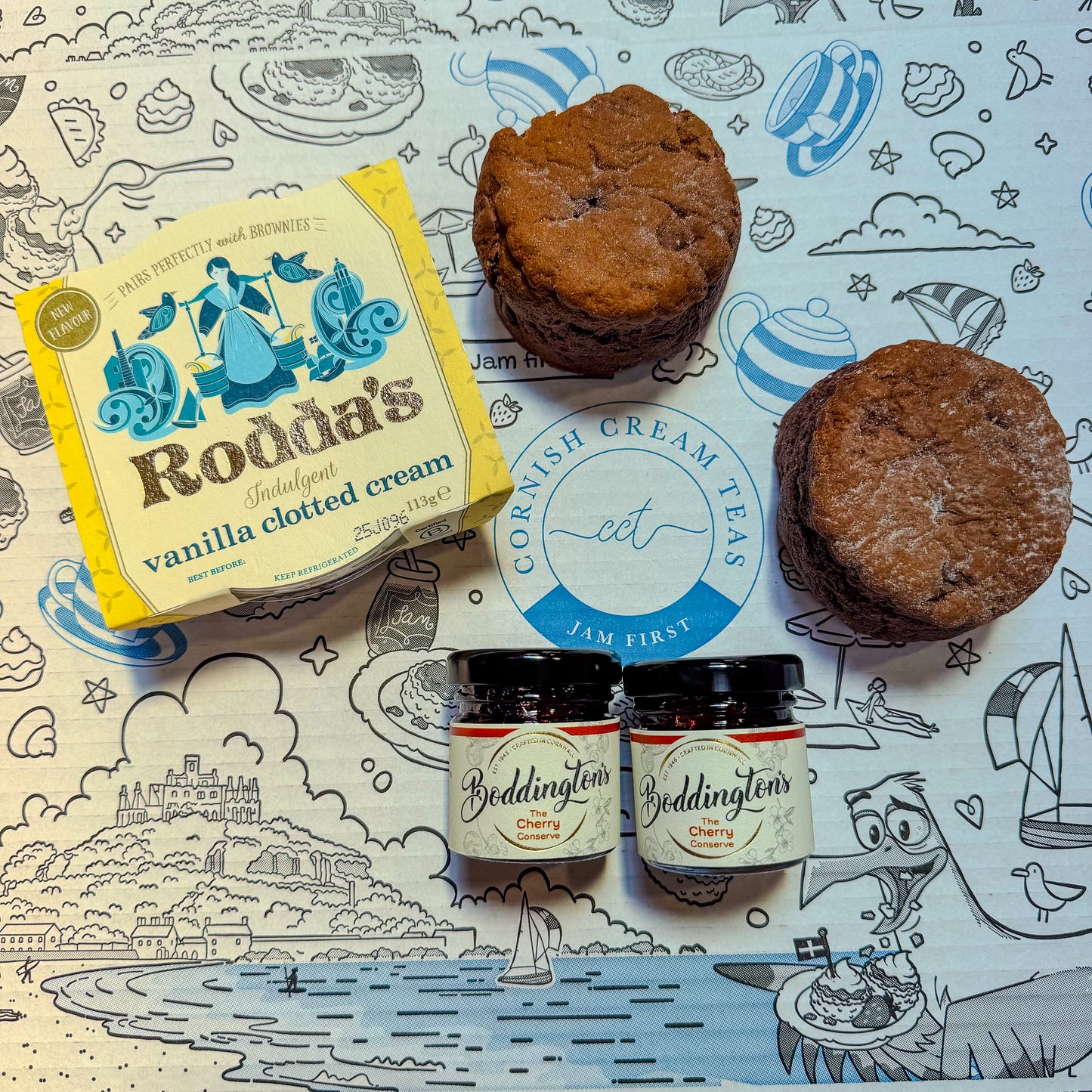 Chocolate Scones (x2) Cherry Jam (x2) Vanilla Cream (x1)
