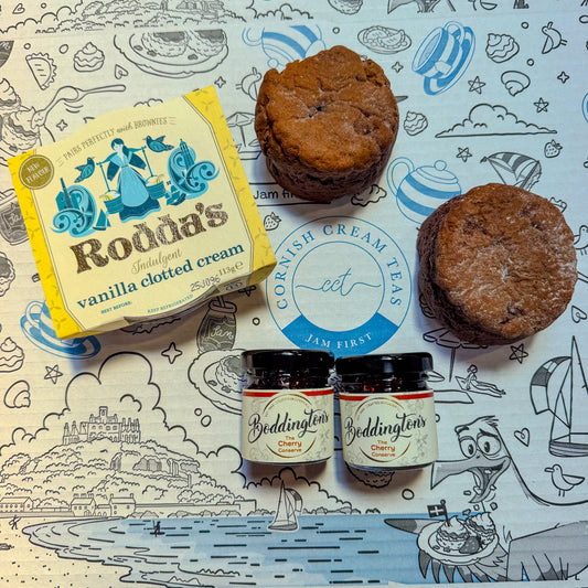 Chocolate Scones (x2) Cherry Jam (x2) Vanilla Cream (x1)
